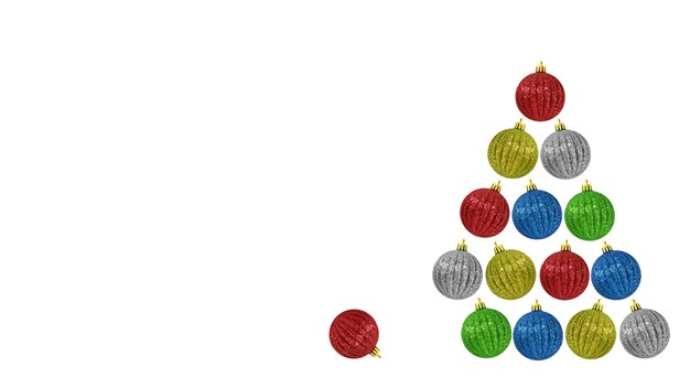 Banner with Christmas balls lined with a Christmas tree with one rolling ball on a white background.