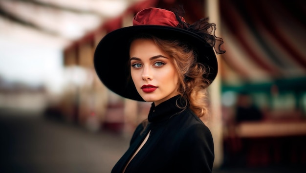 Banner with closeup portrait of a young beautiful girl with elegant makeup in an elegant hat