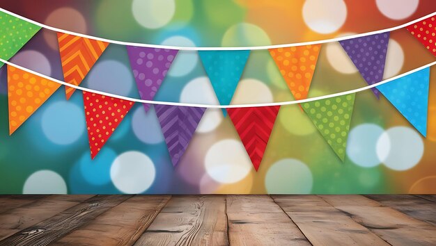 Photo a banner with colorful flags hanging on a wooden floor