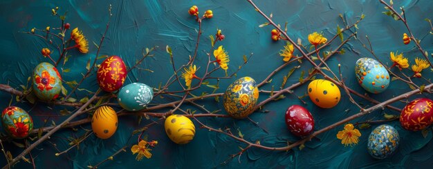 Banner with Easter eggs on a branch of a tree on a blue background Happy Easter concept