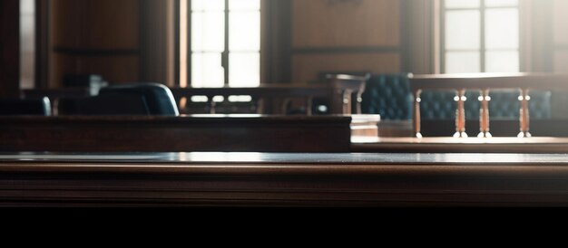 Photo banner with empty courtroom illuminated by daylight for design template with copy space generated ai