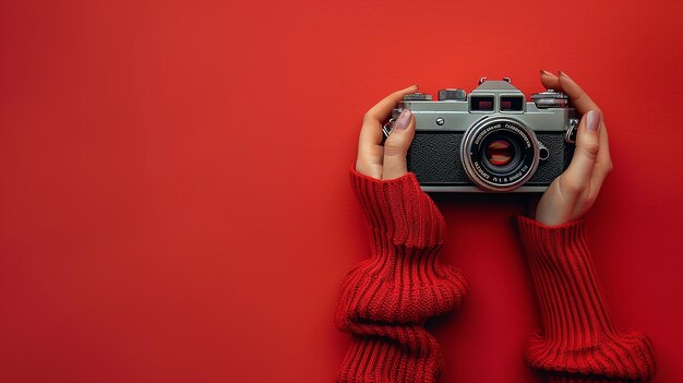 Photo banner with female hand holding old retro photo camera