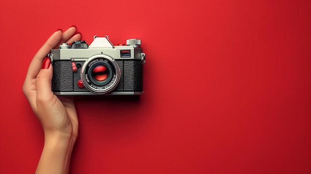 Photo banner with female hand holding old retro photo camera