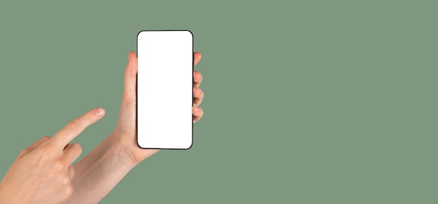 Banner with finger pointing to phone mockup on green background Android template with empty screen Ecofriendly concept Place for text