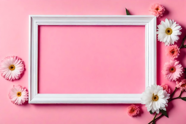 Banner with flower and empty white photo frame on pink background with copy space