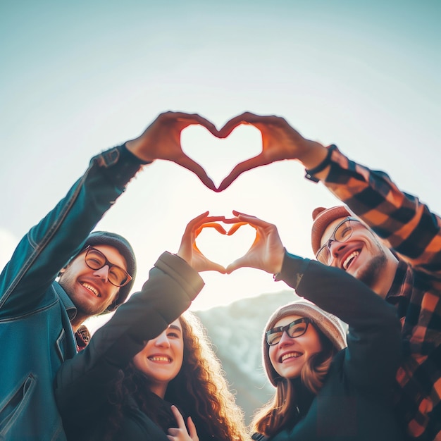 Banner with friends making a heart shape heartfelt sweet expressive playful bonding