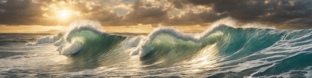 Banner with giant ocean surf wave at sunset. Seascape illustration with evening stormy sea, turquoise water with white foam and splashes, sun and cloudy sky. Generative AI