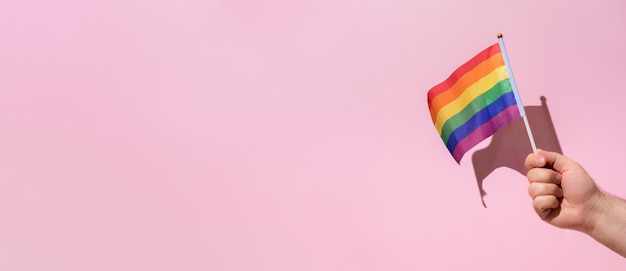 Photo banner with hairy hand of a man holding rainbow flag above a pink background with copy space. hard shadows of the sun