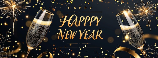 A banner with Happy New Year text in golden elegant font champagne glasses and fireworks on black background