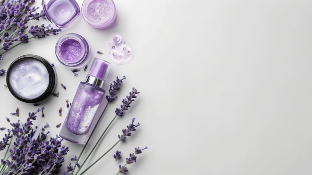 Banner with lavender cosmetics products and place for text