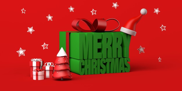 Banner with Merry Christmas text with Santa Claus hat present or gift boxes stars and snow