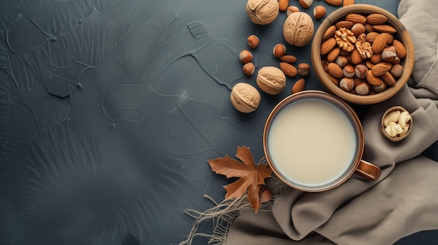 Banner with nut milk in a mug and nuts on a dark background Top view Nut milk horizontal template background with space for text