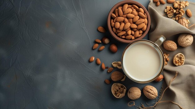 Banner with nut milk in a mug and nuts on a dark background Top view Nut milk horizontal template background with space for text