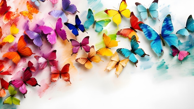 Banner with rainbow butterflies on white background Butterfly background in rainbow colors Colorful watercolor illustration for wallpaper post cards advertising Summer concept Generative AI