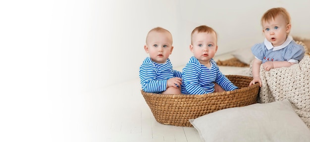 Banner with three small children triplets copy space Babies in marine costumes