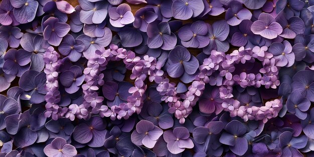 Photo banner with word love of delicate purple lilac flowers against a background of overlapping violet petals perfect for valentines day promotions floral advertising or romantic event marketing