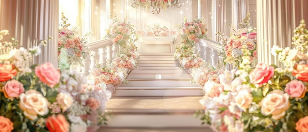 banquet party decoration wedding flowers background staircase illustration design with luxury decor and floral elements