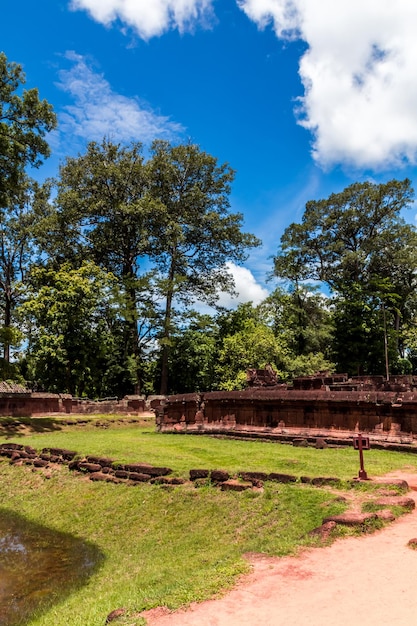 Banteay Srei Temple Entrance Ancient Ruins on Sunny Day Siem Reap Cambodia