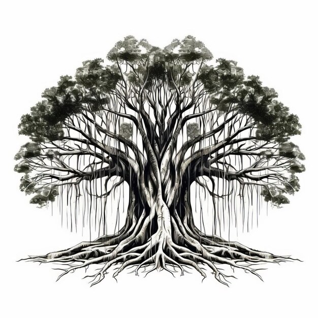 Photo banyan tree with wide cracked trunk vintage style flat design black and white