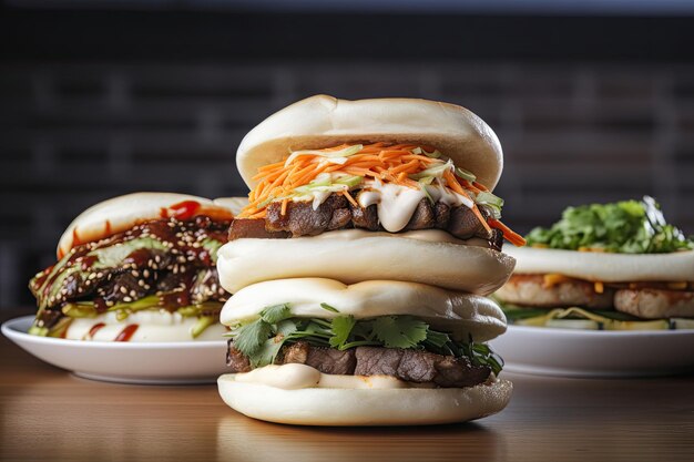 Bao bun tower overflowing with fillings and textures