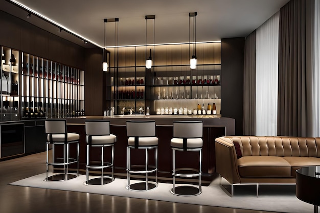 Bar area with a bar and a bar with a row of wine bottles