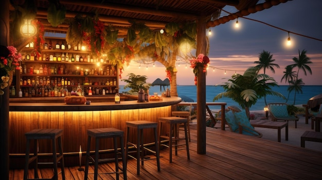 Bar on the beach at sunset party view from the bar to the beach and Palms Cozy atmosphere mocap