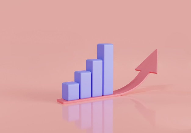 Bar chart with arrow up icon isolated on pink background Data analysis concept Growing bars statistic bar icon growth business success 3d render illustration cartoon minimal style