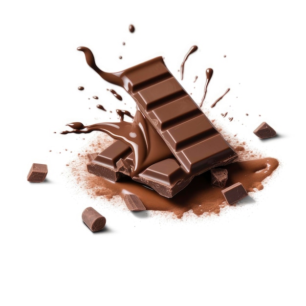 A bar of chocolate is falling into a puddle and it is on a white background.