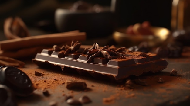 A bar of chocolate with chocolate and coffee beans on the table