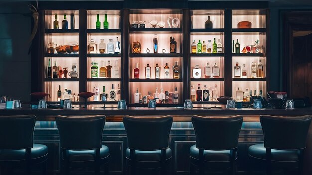 Bar counter in the dark night background with chairs in empty comfortable luxury restaurant