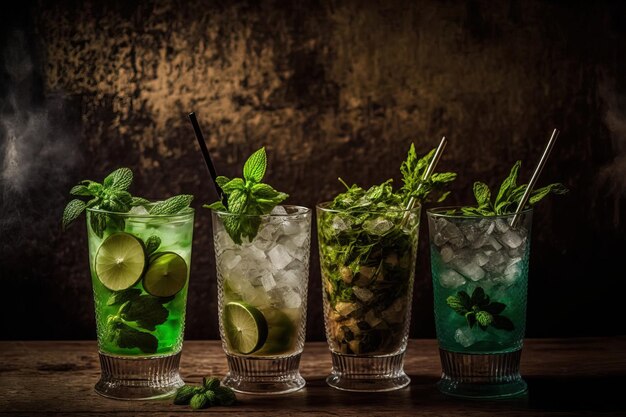 On the bar counter there are four Mojitos