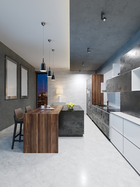 Bar counter with chairs in the kitchen in contemporary style. 3d rendering.