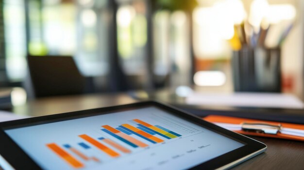 Photo a bar graph comparing different business metrics displayed on a tablet with a modern office in the background