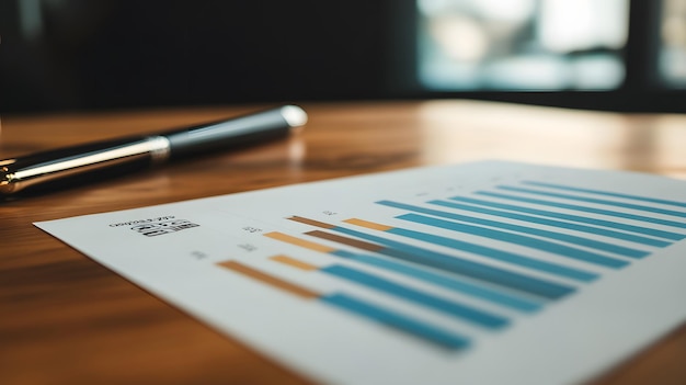 A Bar Graph on a Wooden Desk with a Pen