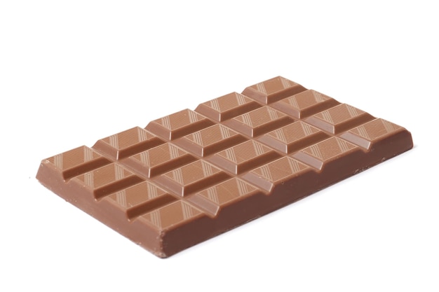 A bar of milk chocolate isolated on a white background. top view