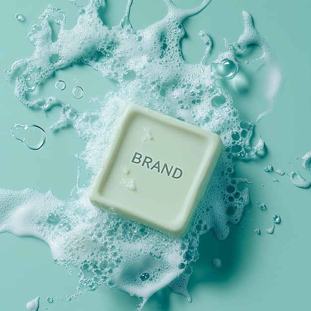 Photo bar soap brand advertisement with water splash