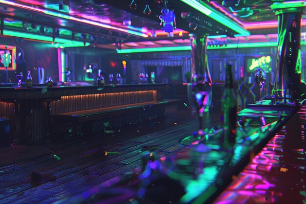 Photo a bar with a colorful neon lights and a bar with a bar in the background