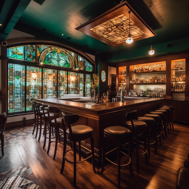 A bar with a large window that says'the bar is open '