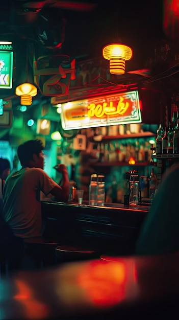 a bar with a neon sign that saysa restaurant