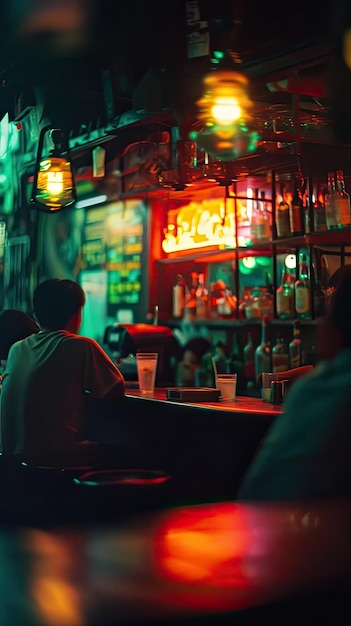 a bar with a neon sign that saysfried chickenon it