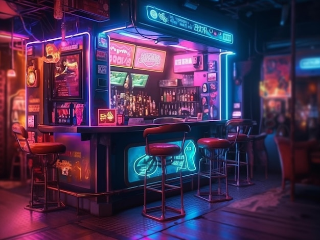 A bar with neon signs that say'dead space '