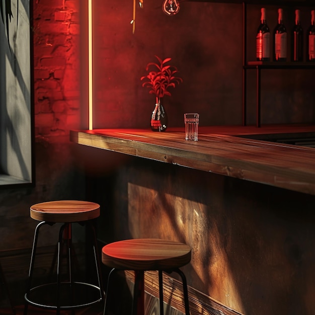 a bar with stools and a glass of water on the counter