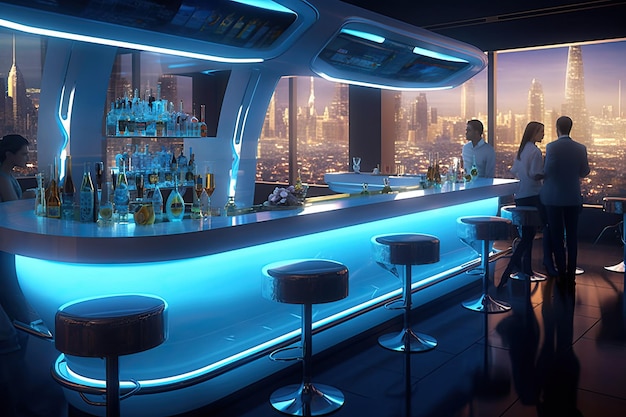 A bar with a view of the city at night