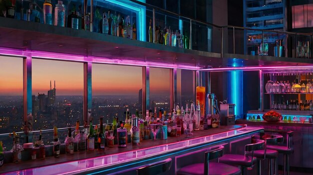 Photo a bar with a view of the city skyline in the background