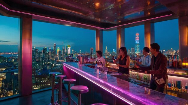 Photo a bar with a view of a city skyline and a city skyline