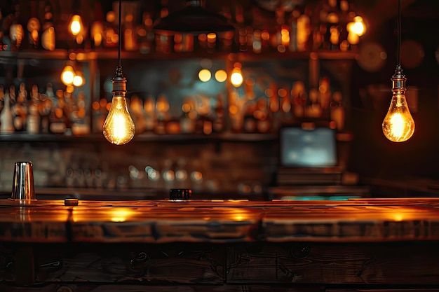 Photo a bar with a wooden bar with lights hanging from the ceiling