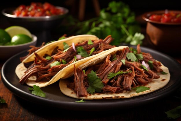 Barbacoa tacos with fresh lime and cilantro Barbacoa fast food image photography