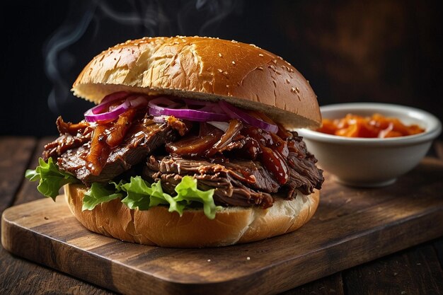 A barbecue beef brisket sandwich