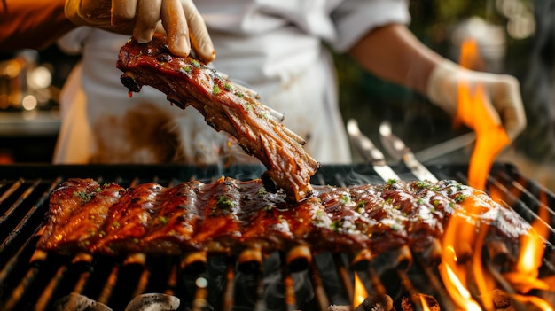 A barbecue chef tending to racks of sizzling pork ribs on a smoking grill basting them with a flavorful marinade for maximum taste