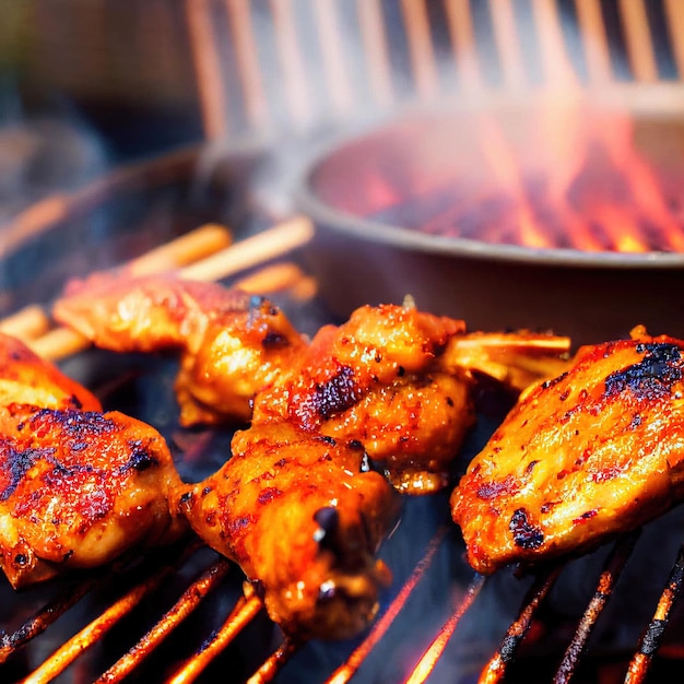 Barbecue chicken preparation on fire closeup